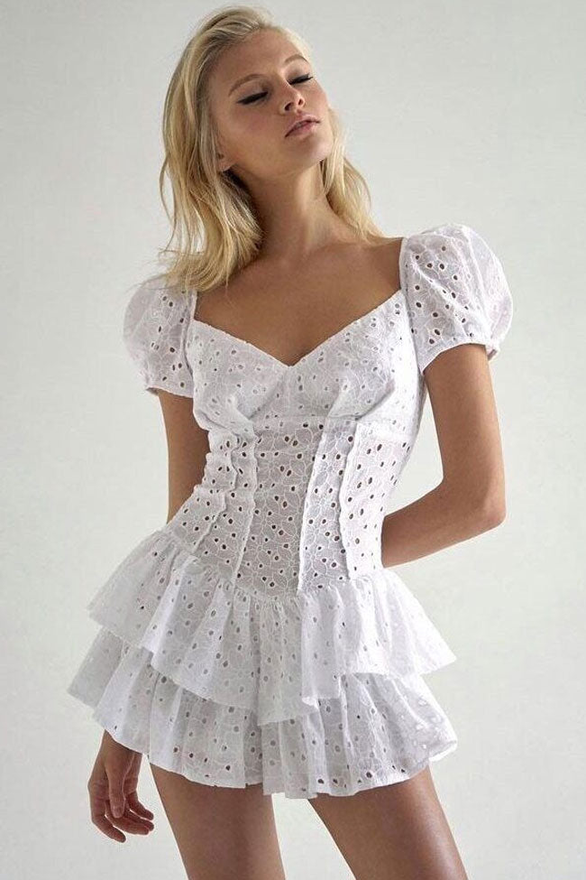 Sexy V Neck Puff Sleeve Broderie Anglaise Ultra Short Ruffle Tiered Dress - White