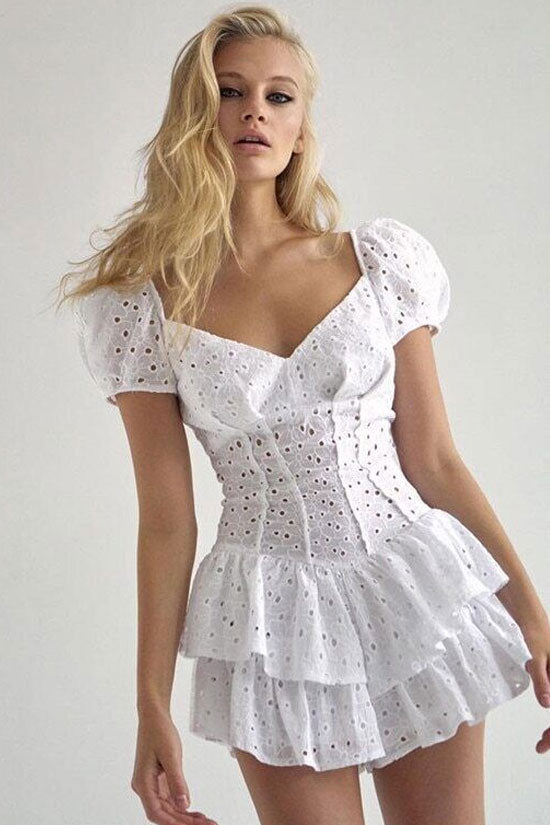 Sexy V Neck Puff Sleeve Broderie Anglaise Ultra Short Ruffle Tiered Dress - White