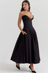 Sexy V Neck Strapless Fit & Flare Pleated Corset Cocktail Party Midi Dress - Black