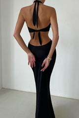 Sexy Wrap Front O Ring Cutout Fishtail Halter Tie Backless Maxi Dress - Black