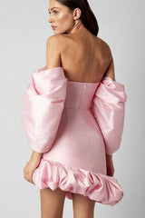 Silky Off The Shoulder Puff Sleeve Oversized Ruffle Satin Party Mini Dress - Pink