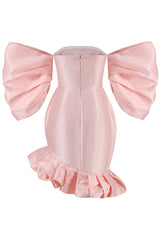Silky Off The Shoulder Puff Sleeve Oversized Ruffle Satin Party Mini Dress - Pink