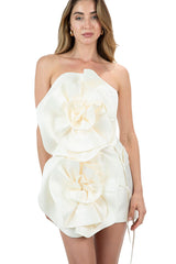 Silky Oversized 3D Rosette Strapless Lace Up Back Satin Party Mini Dress - Beige