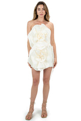Silky Oversized 3D Rosette Strapless Lace Up Back Satin Party Mini Dress - Beige