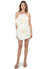Silky Oversized 3D Rosette Strapless Lace Up Back Satin Party Mini Dress - Beige
