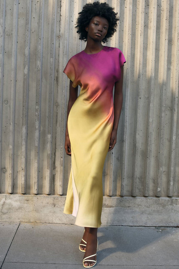 Silky Round Neck Cap Sleeve Tie Dye Printed Satin Midi Dress - Multicolor