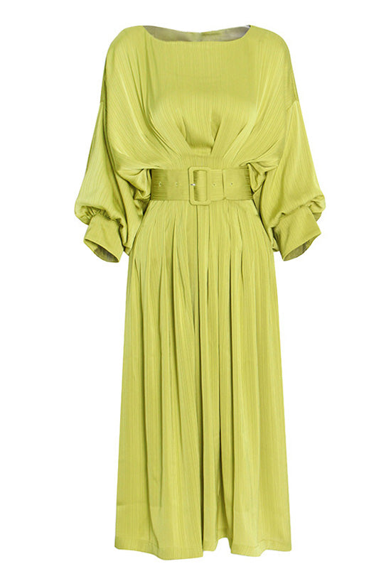 Silky Satin Boat Neck Belted Cinched Waist Half Sleeve Pleated Midi Dress