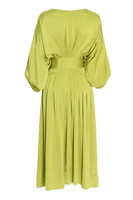 Silky Satin Boat Neck Belted Cinched Waist Half Sleeve Pleated Midi Dress