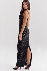 Silky Satin Bow Trim Sleeveless Bodycon Guipure Lace Evening Maxi Dress