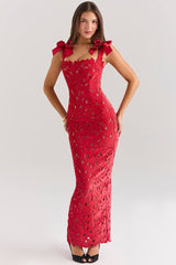 Silky Satin Bow Trim Sleeveless Bodycon Guipure Lace Evening Maxi Dress