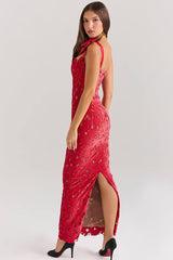 Silky Satin Bow Trim Sleeveless Bodycon Guipure Lace Evening Maxi Dress