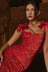Silky Satin Bow Trim Sleeveless Bodycon Guipure Lace Evening Maxi Dress