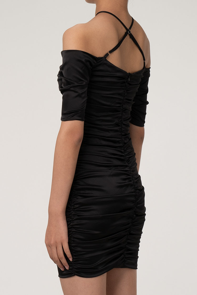 Silky Satin Crossover Neck Crystal Cutout Ruched Bodycon Mini Party Dr Rosedress