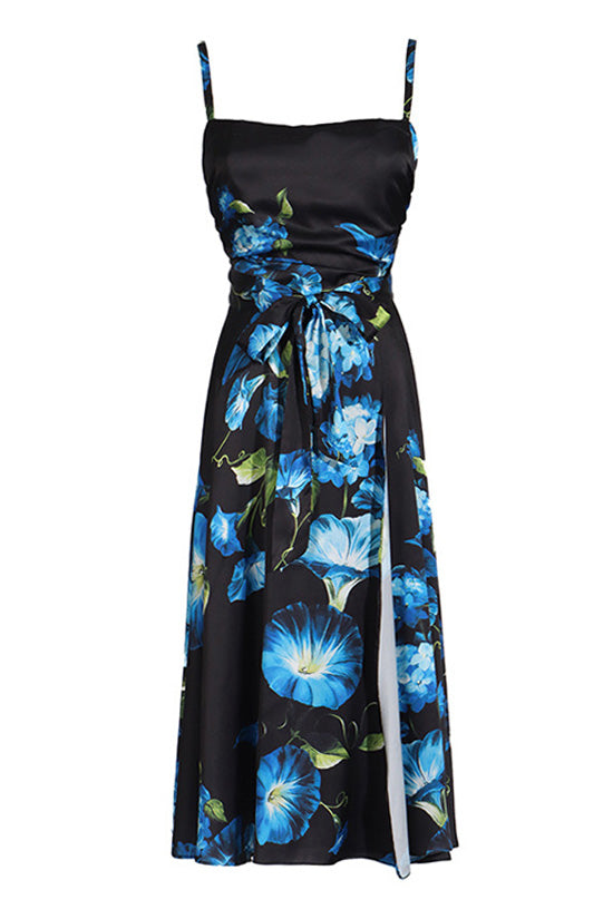 Silky Satin Floral Square Neck Ruched Tied Split Sleeveless Cocktail Midi Dress