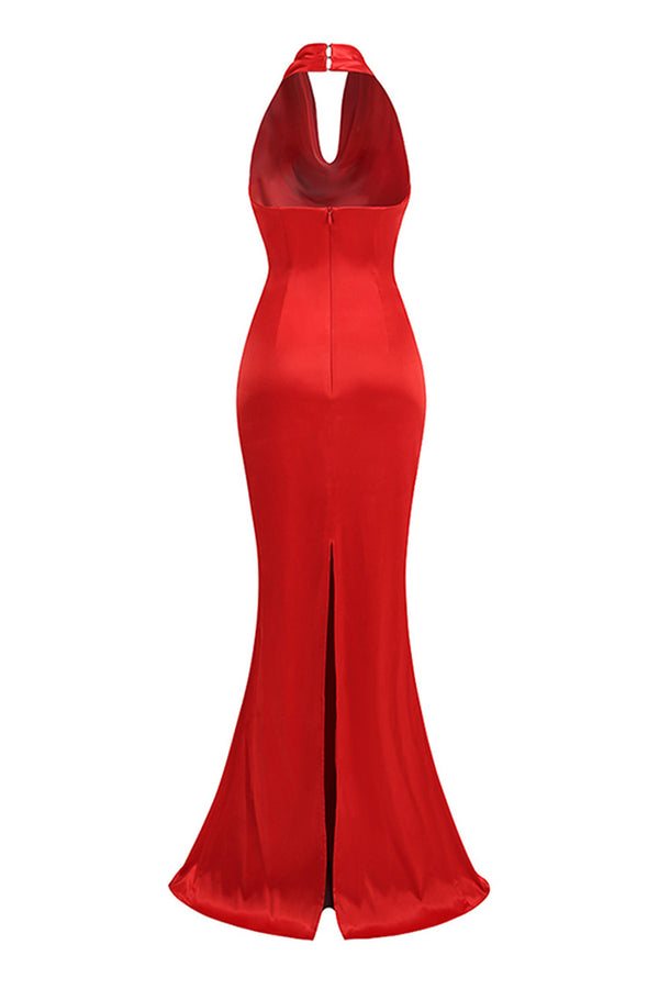 Silky Satin Halter Cowl Neck Draped Ruched Fishtail Evening Maxi Dress