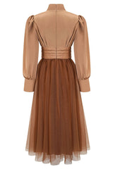 Silky Satin High Neck Long Sleeve High Waist Tulle Cocktail Midi Dress - Khaki