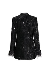 Silky Satin Lapel Feather Trim Long Sleeve Cinch Waist Sequin Party Blazer