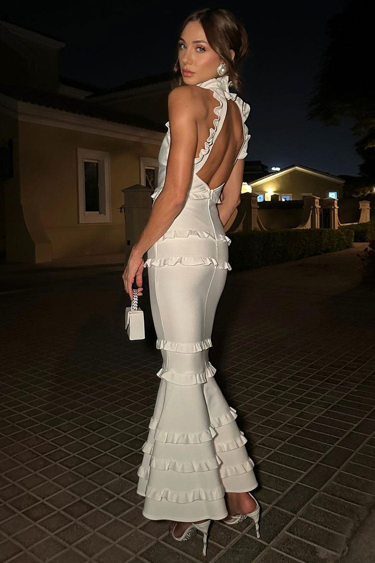 Silky Satin Layered Ruffle High Neck Sleeveless Mermaid Evening Maxi Dress - White