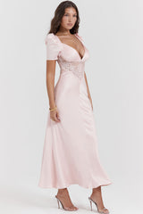 Silky Satin Pleated Deep V Puff Sleeve Lace Panel Fishtail Evening Maxi Dress - Pink