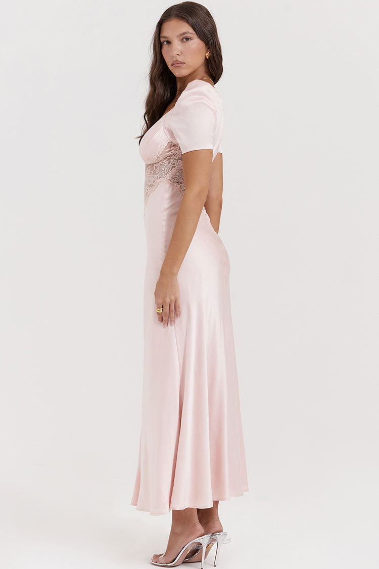 Silky Satin Pleated Deep V Puff Sleeve Lace Panel Fishtail Evening Maxi Dress - Pink