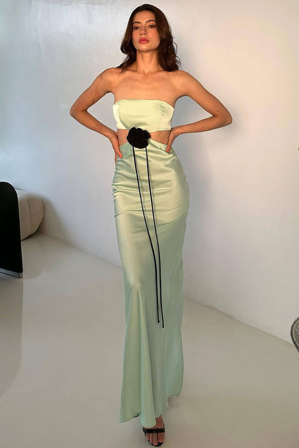 Silky Satin Rosette Trim Cutout Strapless Summer Prom Maxi Dress - Mint Green