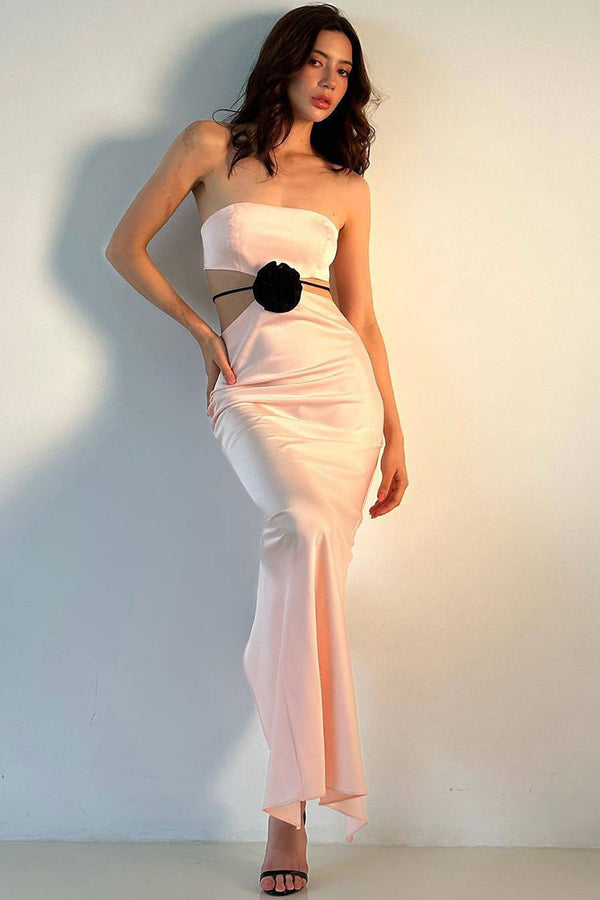 Silky Satin Rosette Trim Cutout Strapless Summer Prom Maxi Dress - Pink