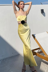 Silky Satin Rosette Trim Cutout Strapless Summer Prom Maxi Dress - Yellow