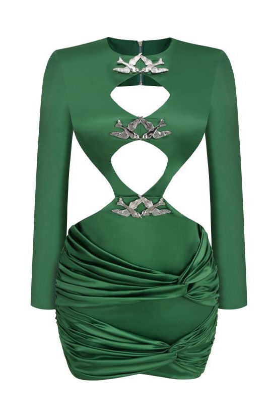 Silky Swallow Trim Long Sleeve Cutout Twist Ruched Satin Party Mini Dress - Green