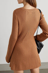 Simple Ribbed Knit Crew Neck Long Sleeve Winter Sweater Mini Dress - Brown