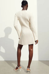 Simple Ribbed Knit Crew Neck Long Sleeve Winter Sweater Mini Dress - Off White