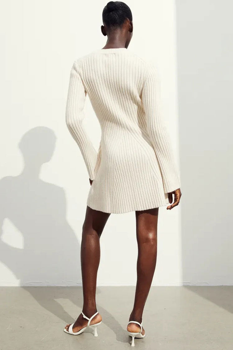 Simple Ribbed Knit Crew Neck Long Sleeve Winter Sweater Mini Dress - Off White