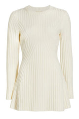 Simple Ribbed Knit Crew Neck Long Sleeve Winter Sweater Mini Dress - Off White