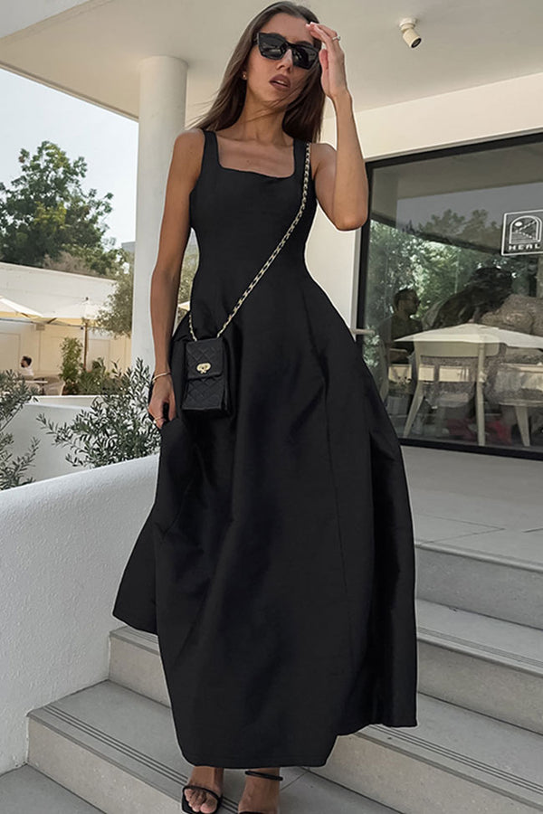 Simple Square Neck Fit and Flare Summer Maxi Tank Sundress - Black
