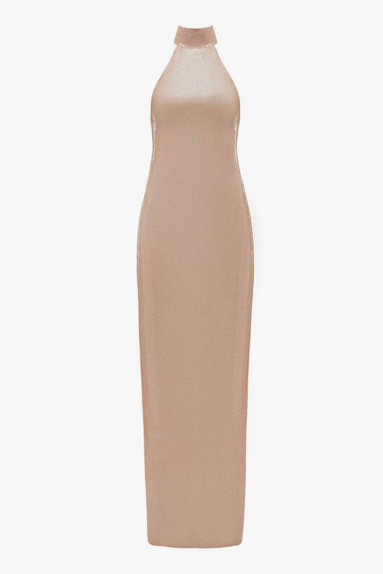 Sparkling High Neck Sleeveless Split Bodycon Sequin Maxi Evening Dress