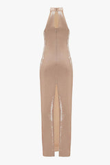 Sparkling High Neck Sleeveless Split Bodycon Sequin Maxi Evening Dress