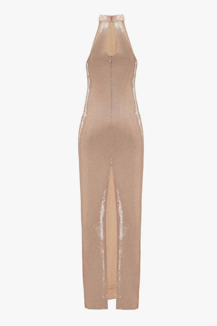 Sparkling High Neck Sleeveless Split Bodycon Sequin Maxi Evening Dress