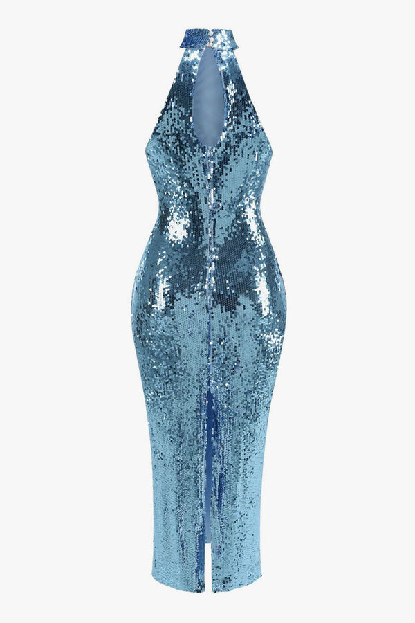 Sparkling High Neck Sleeveless Split Bodycon Sequin Maxi Evening Dress