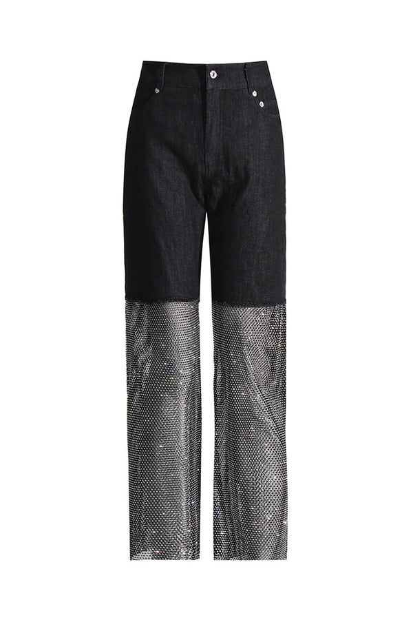 Sparkly Bicolor Sheer Rhinestone Mesh High Waist Straight Leg Hybrid Jeans