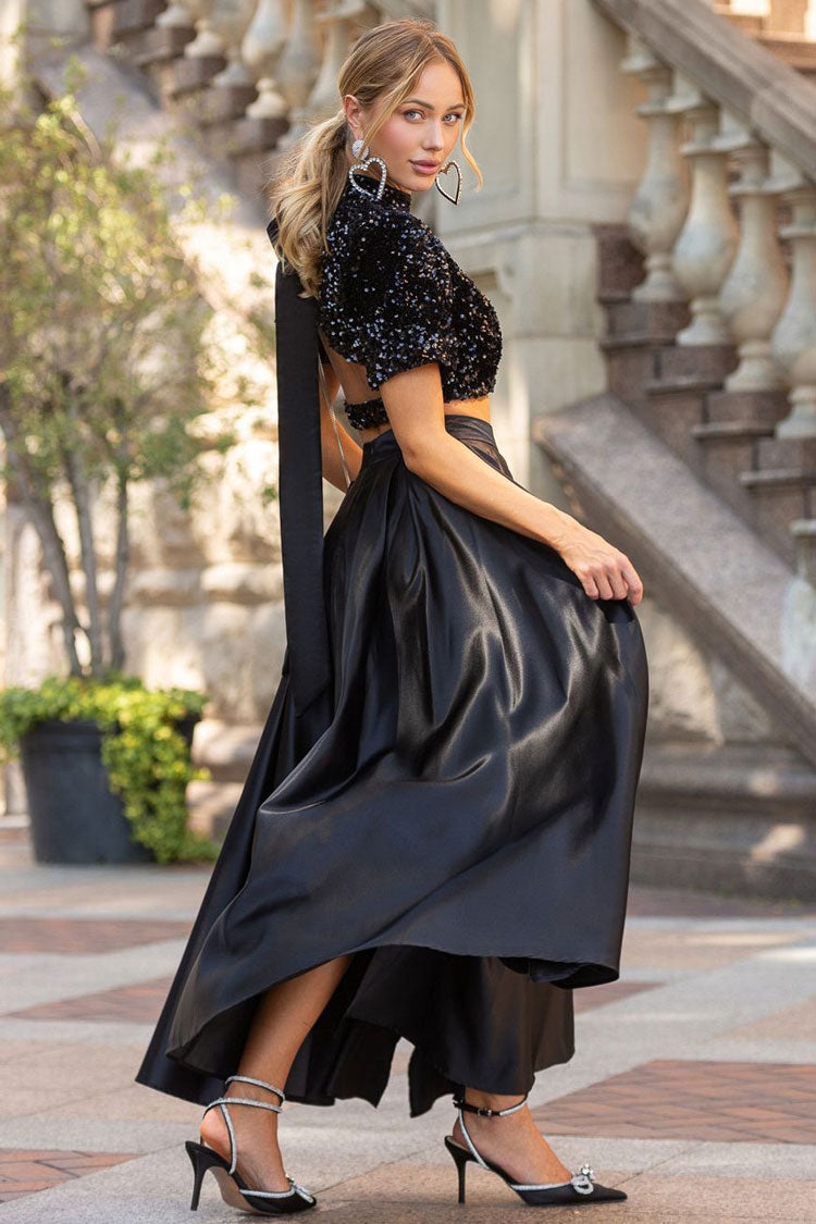 Sparkly Bow Trim Sequin Crop Top Satin Split Skirt Two Piece Maxi Dress - Black