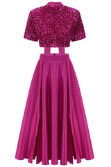 Sparkly Bow Trim Sequin Crop Top Satin Split Skirt Two Piece Maxi Dress - Hot Pink