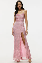 Sparkly Cowl Neck Lace Up Back High Slit Sequin Prom Maxi Dress - Pink