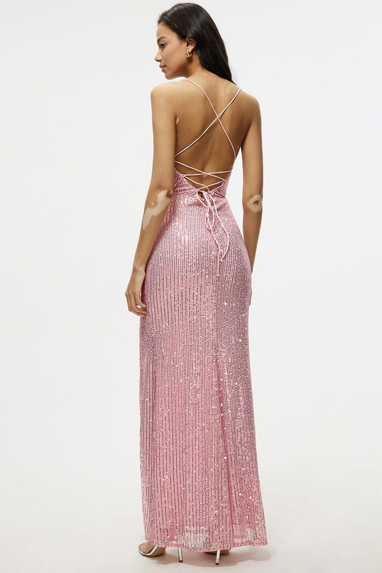 Sparkly Cowl Neck Lace Up Back High Slit Sequin Prom Maxi Dress - Pink