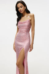 Sparkly Cowl Neck Lace Up Back High Slit Sequin Prom Maxi Dress - Pink