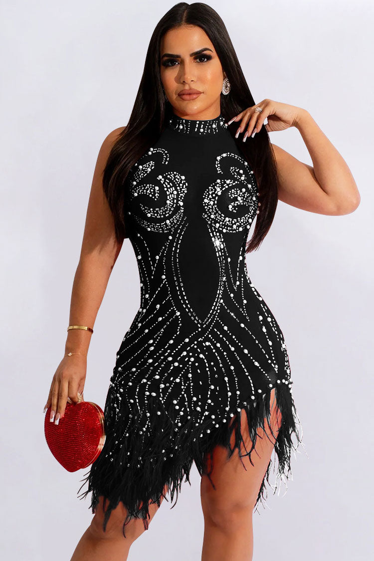 Sparkly Crystal Beaded Sleeveless Sheer Mesh Feather Club Mini Dress - Black