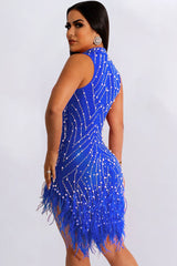 Sparkly Crystal Beaded Sleeveless Sheer Mesh Feather Club Mini Dress - Blue