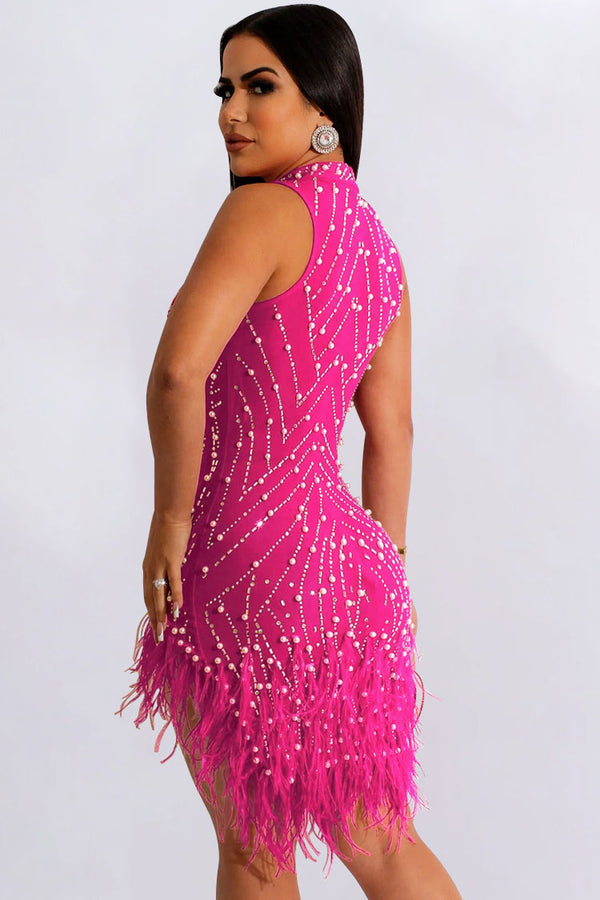 Sparkly Crystal Beaded Sleeveless Sheer Mesh Feather Club Mini Dress - Pink