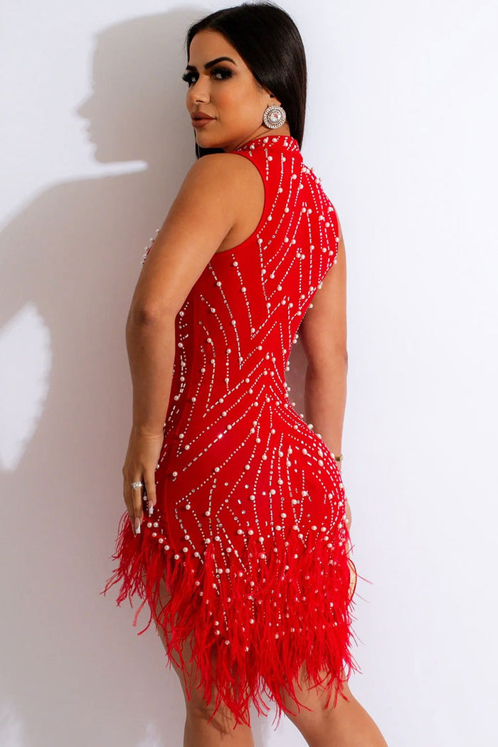 Sparkly Crystal Beaded Sleeveless Sheer Mesh Feather Club Mini Dress Rosedress