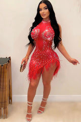 Sparkly Crystal Beaded Sleeveless Sheer Mesh Feather Club Mini Dress - Red