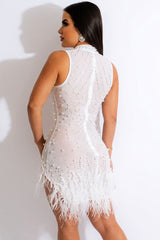 Sparkly Crystal Beaded Sleeveless Sheer Mesh Feather Club Mini Dress - White