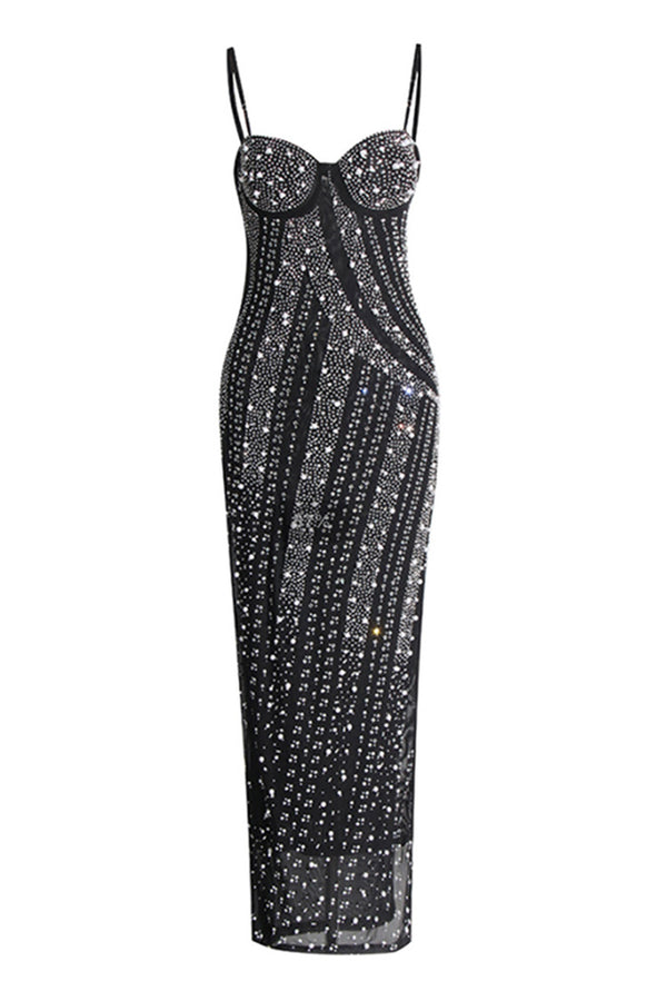 Sparkly Crystal Beaded Sweetheart Cami Mesh Sheer Split Formal Maxi Dress